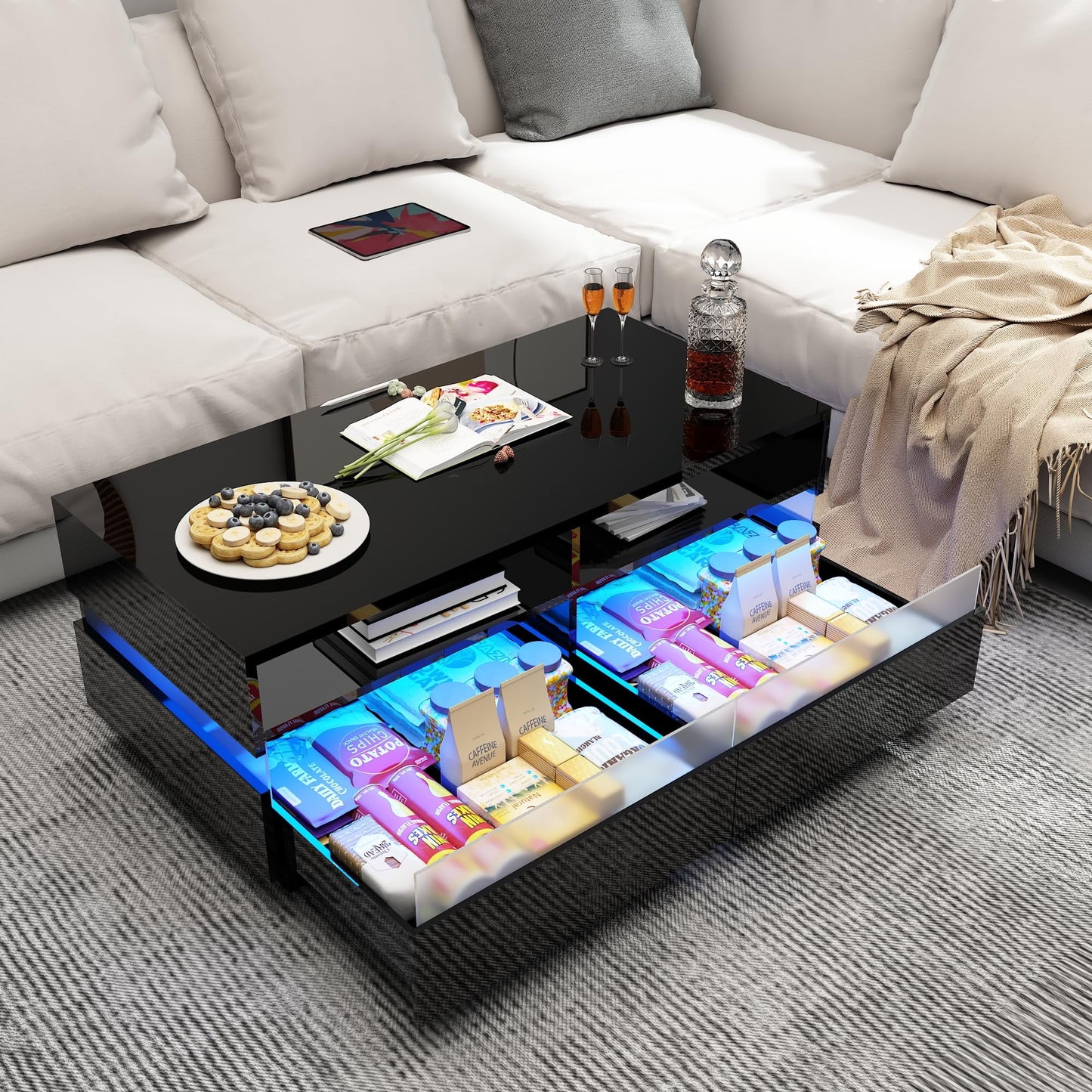 Modern LED Coffee Table W/ 2 Storage Drawers,High Glossy 2-Tier Black Coffee Table W/ 60000-Color LED Lights,App Control,Rectangle Center Table W/Open Shelf for Living Room Bedroom