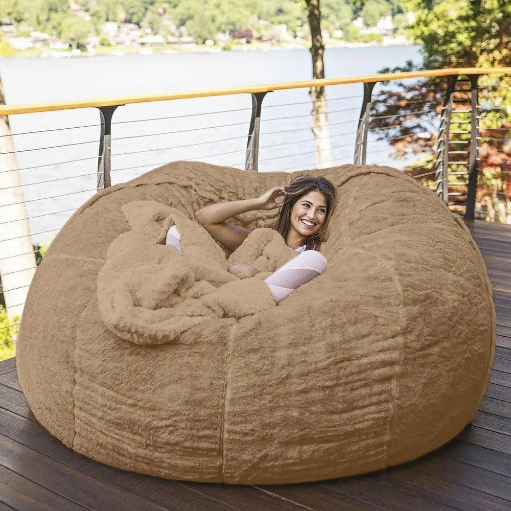 7-Foot Bean Bag Chair with Furry Fur Cover Machine Washable Big Size Sofa and Giant Lounger Furniture