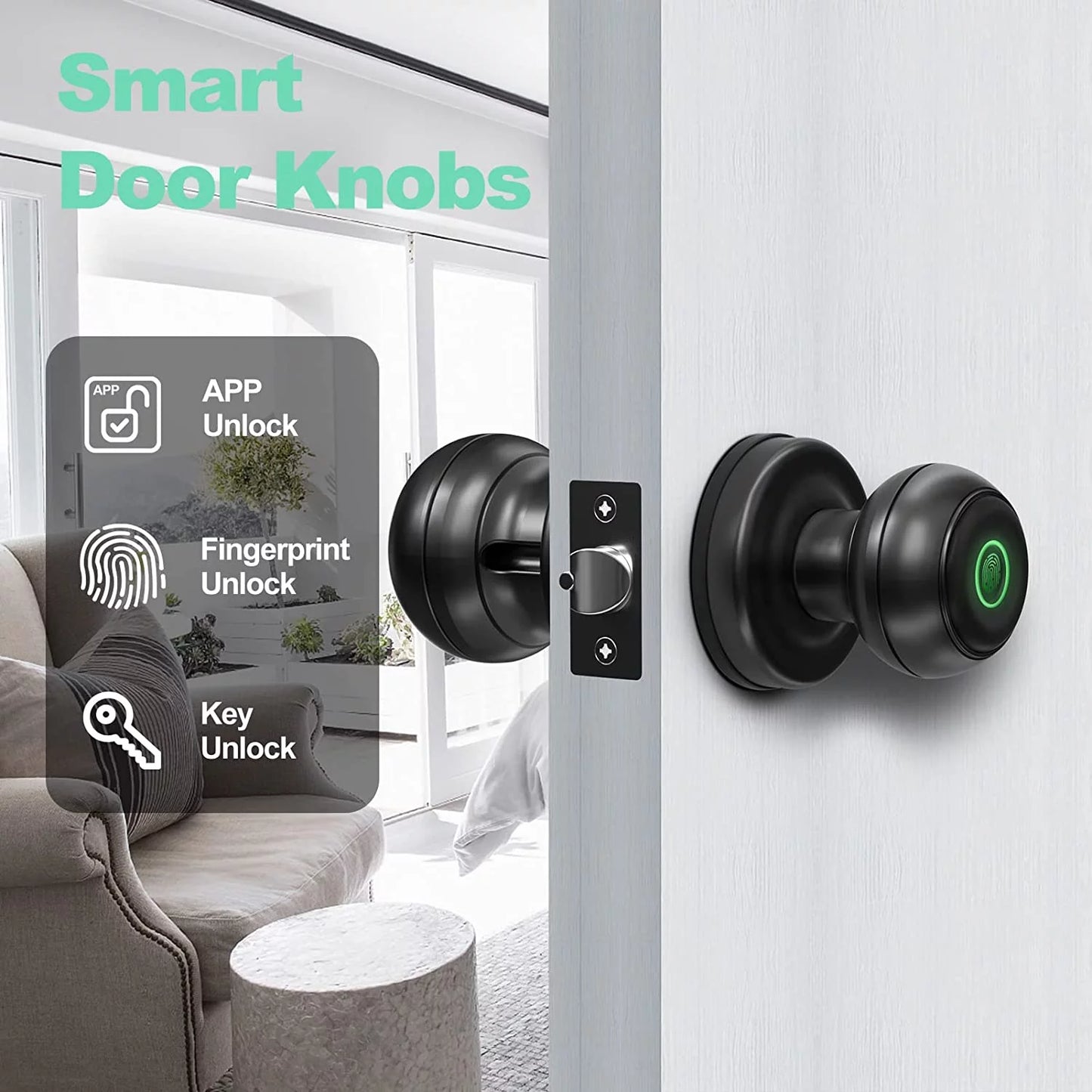 Smart Door Lock, Fingerprint Door Lock Smart Lock Biometric Door Lock Fingerprint Door Knob with App Control, Suitable for Bedrooms,Cloakroom,Apartments Offices,Hotels, Black