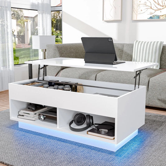 Lift Top Coffee Table with Hidden Compartment High Gloss White Coffee Tables LED Center Rising Cocktail Table for Living Room Accent Furniture