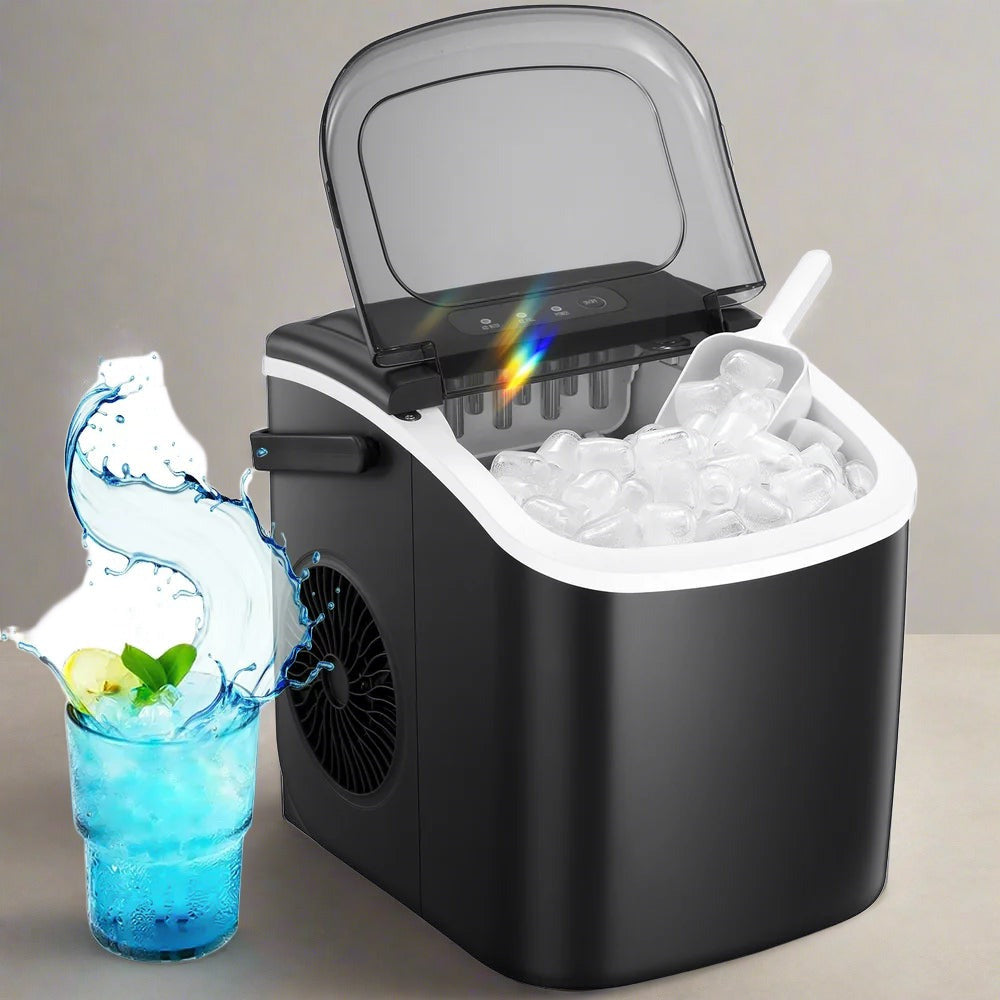 Countertop Ice Maker, Portable Ice Machine with Handle, 26Lbs/24H, 9 Cubes Ready in 6 Mins, One-Click Operation Ice Makers with Ice Scoop and Basket, for Kitchen/Office/Bar/Party (Black)