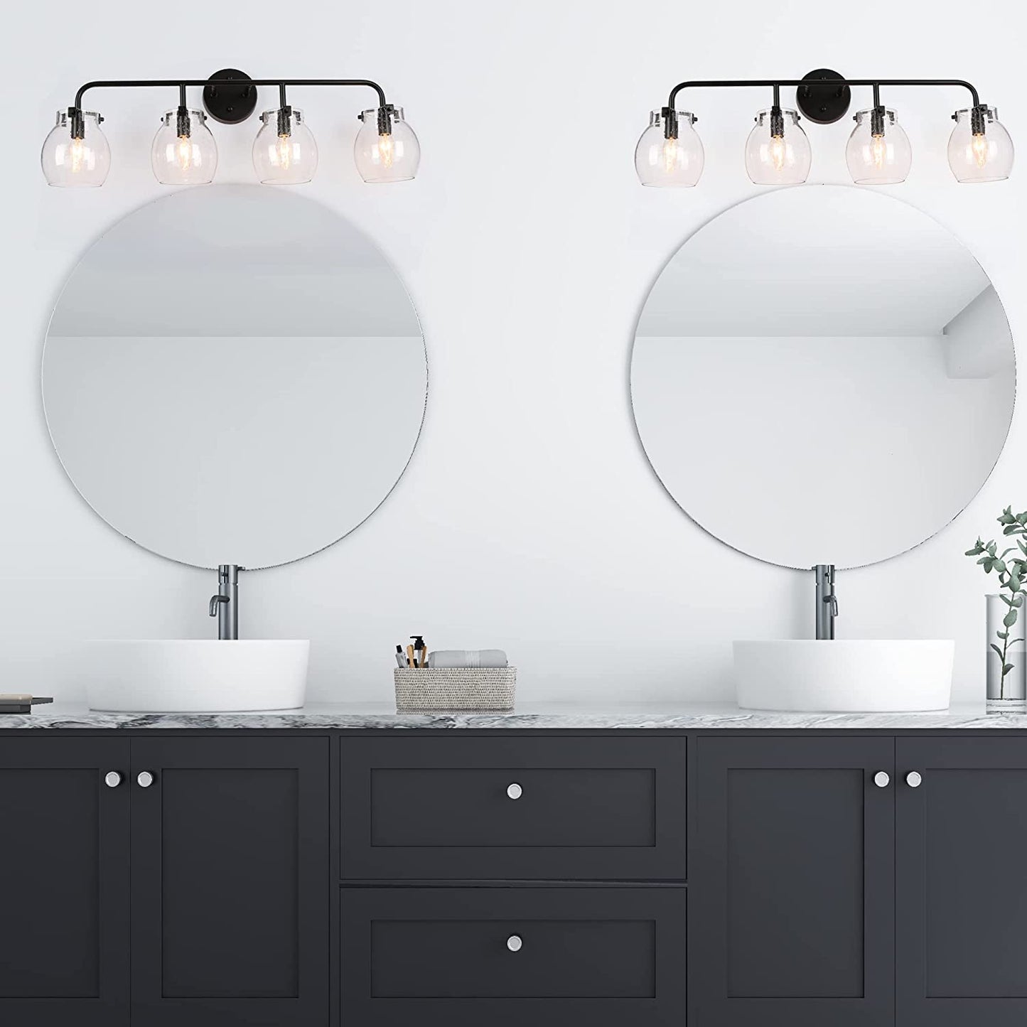 Modern Farmhouse Bathroom Light Fixtures, Black Bathroom Vanity Lights over Mirror, 4 Light Vanity Lighting with Seeded Glass Shade