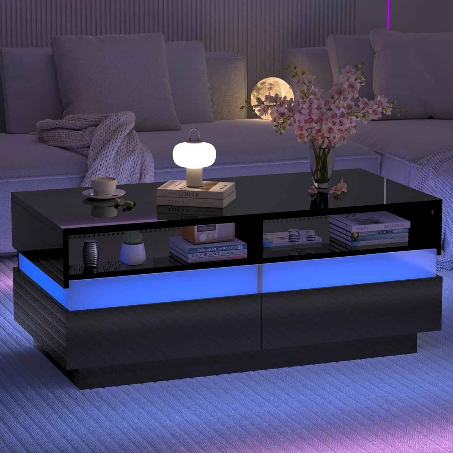 Modern LED Coffee Table W/ 2 Storage Drawers,High Glossy 2-Tier Black Coffee Table W/ 60000-Color LED Lights,App Control,Rectangle Center Table W/Open Shelf for Living Room Bedroom