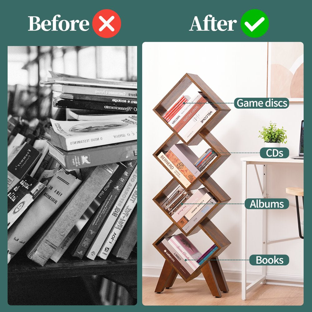Bookshelf, Wood Small Bookcase 4-Tier Book Shelf, Tall Bookcases Book Organizer, Modern Bookshelves Floor Standing for Cds/Books in Small Spaces, Living Room, Home Office, Bedroom