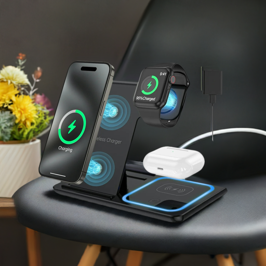 3 in 1 Wireless Charger, 18W Fast Charger Pad Stand Charging Station Dock for Iwatch Series SE 8/7/6/5/4/3 Airpods Pro/3/2 for Iphone 15/14/13/12 /11/Pro Max/12 Pro /XR (With QC3.0 Adapter)